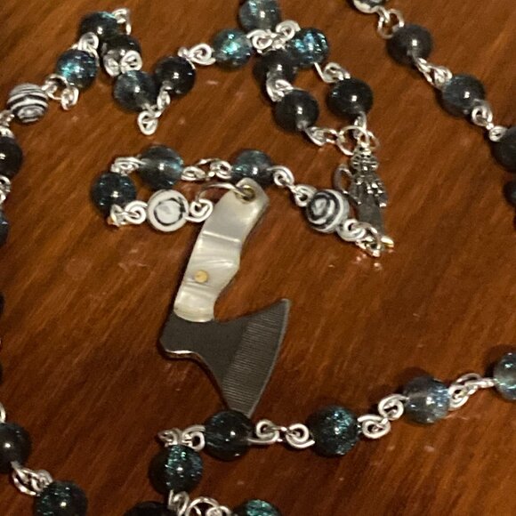 Mini Axe Rosary with Blue/Green Shimmer Beads - Picture 1 of 4